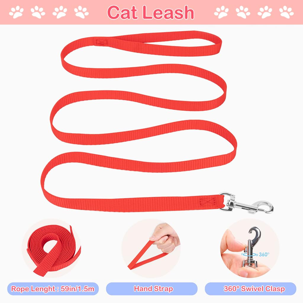 Qpets® Cat Harness with 1.5m Leash, Cat Belt Adjustable Size Breathable Cat Vest Strap with Safety Reflective Strip, Cat Leash with Harness for Small Cat and Dog (M, Red)