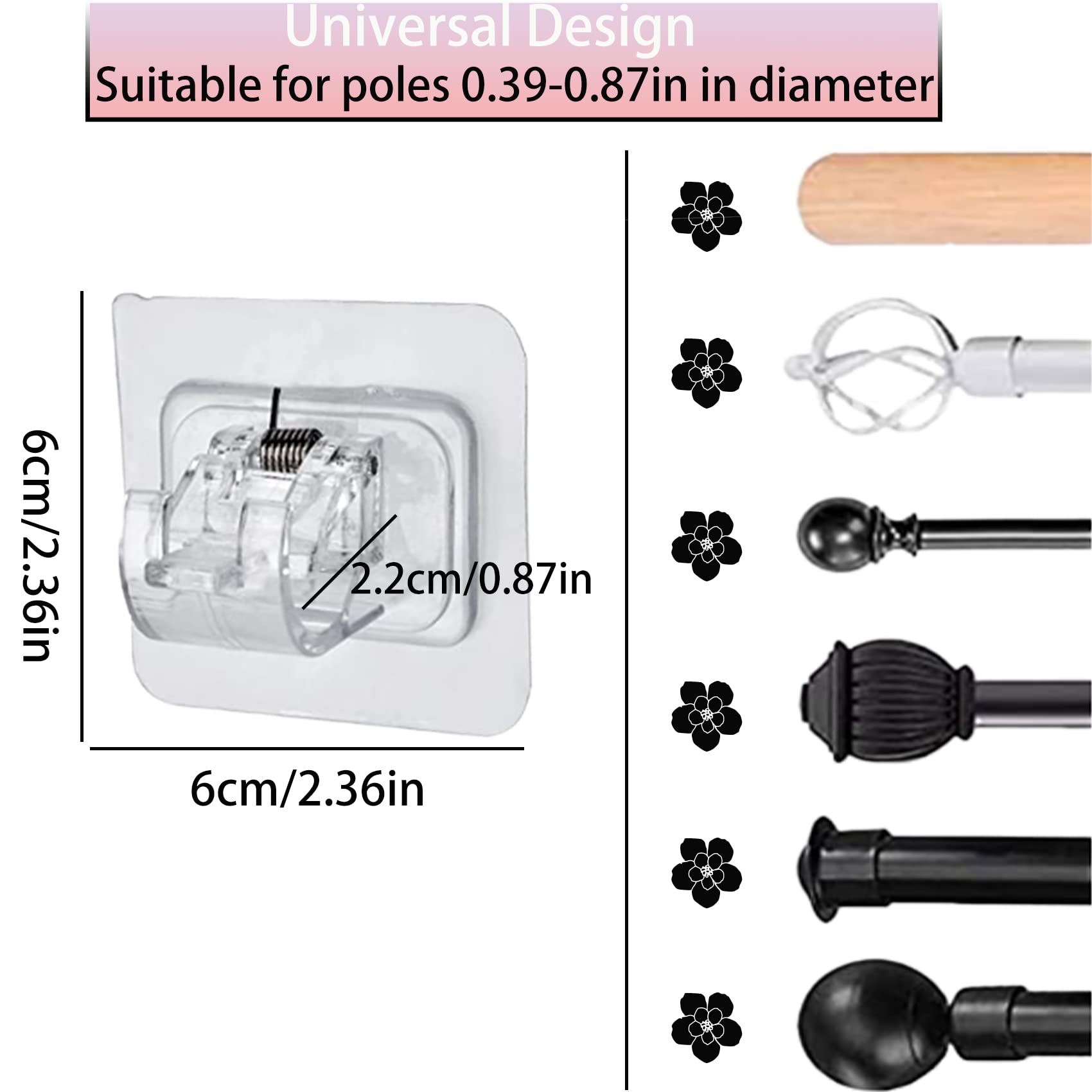 ZIBUYU Window Curtain Rod Brackets for 2mm Rods with No Drill Adhesive Mount | 6Pcs Clear Set