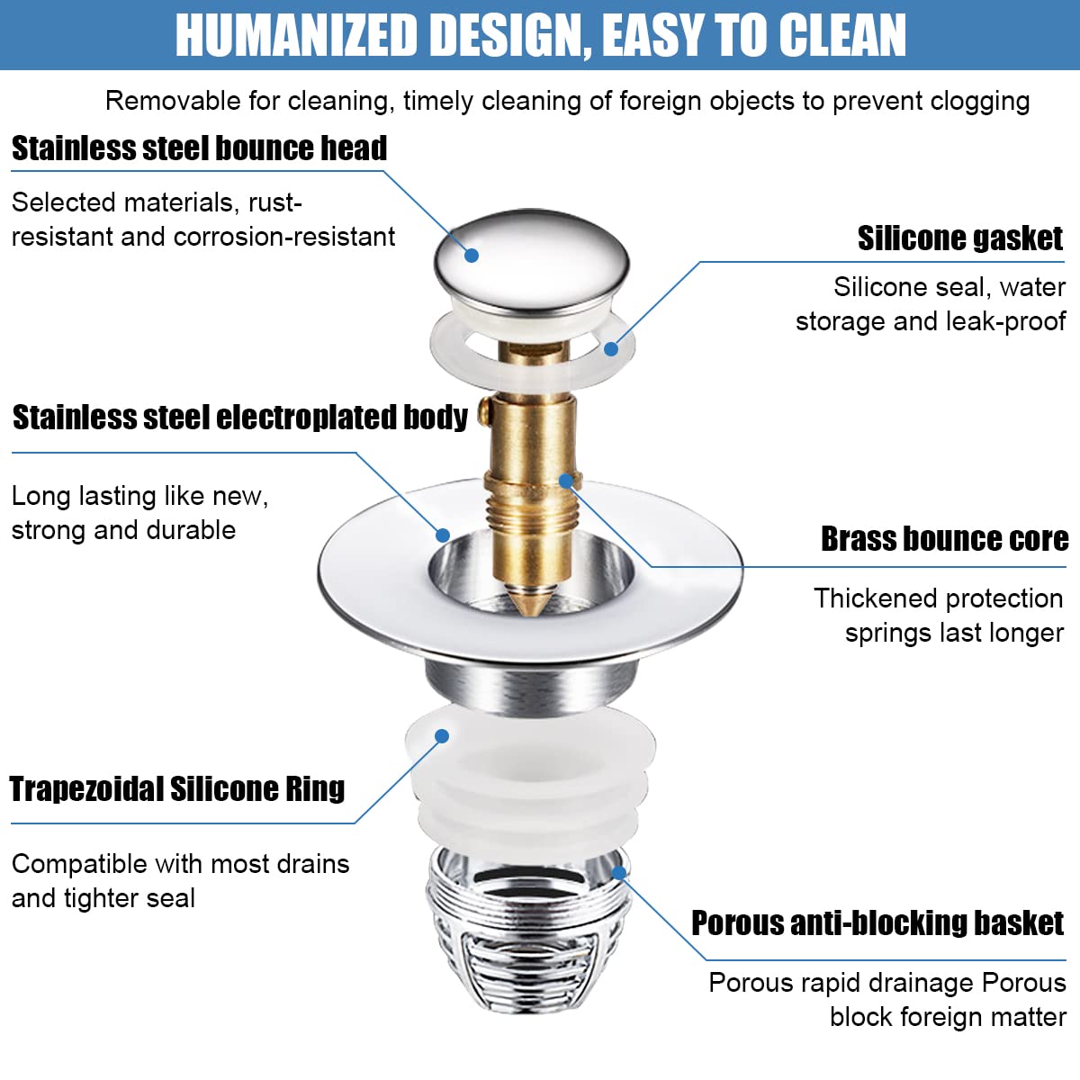 HASTHIP Waste Coupling for Wash Basin with 2 in 1 Pop Up Strainer | Stainless Steel 62mm Plug