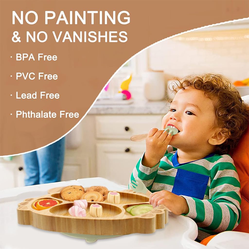 SNOWIE SOFT Baby Plate Kit for Toddlers with 3 Pcs Set featuring Suction Cup Bamboo Dish | BPA-Free and Dishwasher Safe