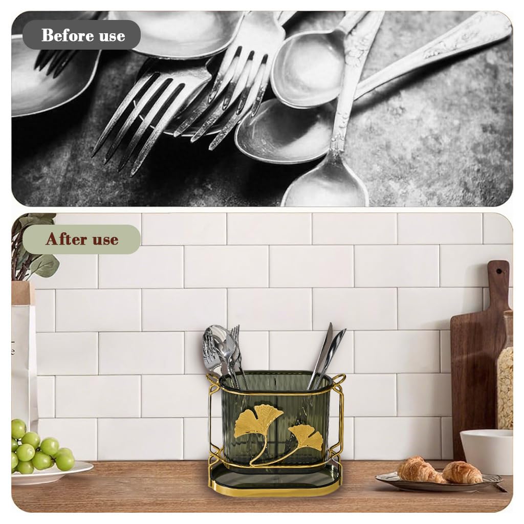 Supvox Cutleries Organizer for Kitchen with Dual Compartments and Drip Tray 17x8x16cm Green