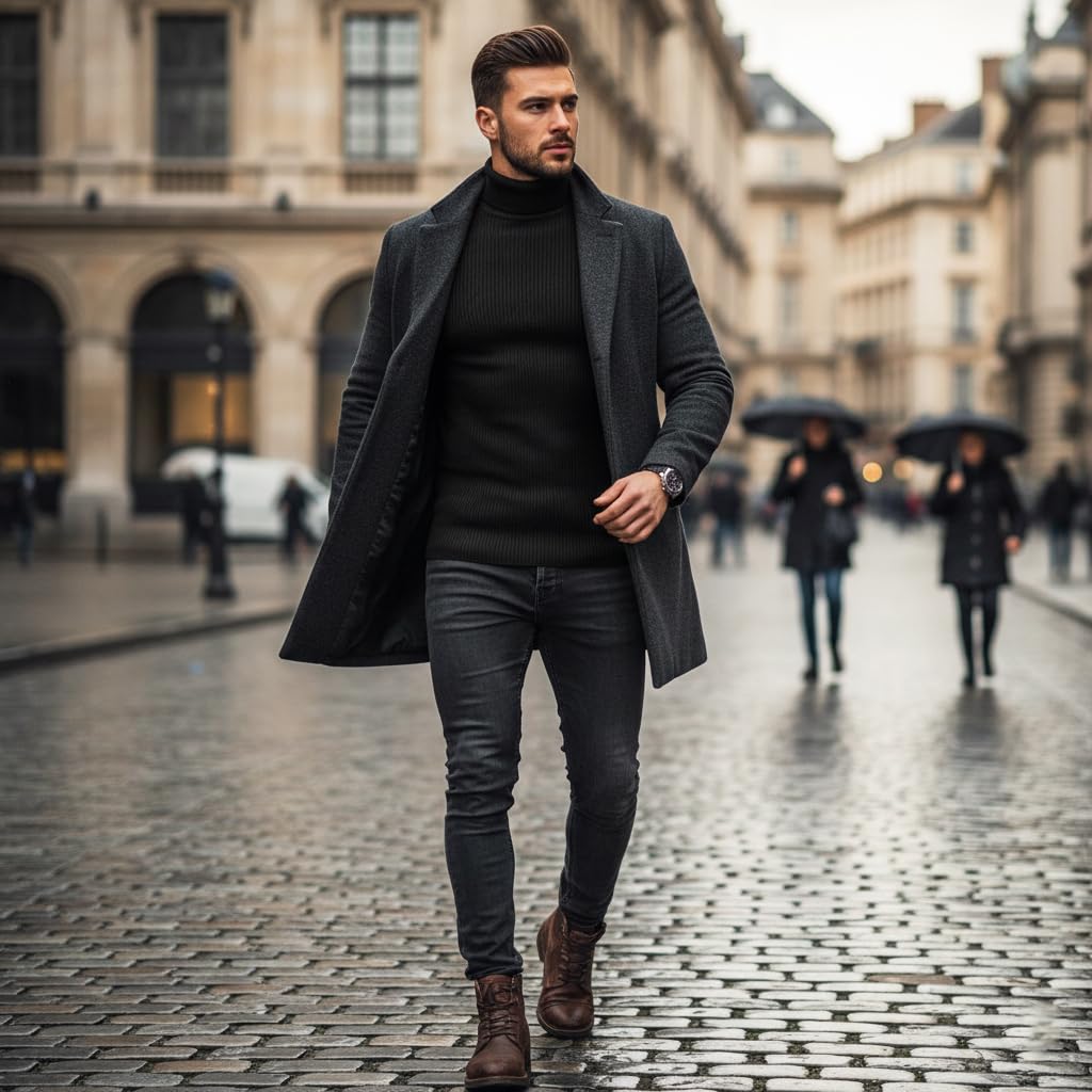 GUSTAVE Men's Turtleneck Sweater for Casual and Winter Wear featuring Fine Knit Craftsmanship | Black Slim Fit Pullover