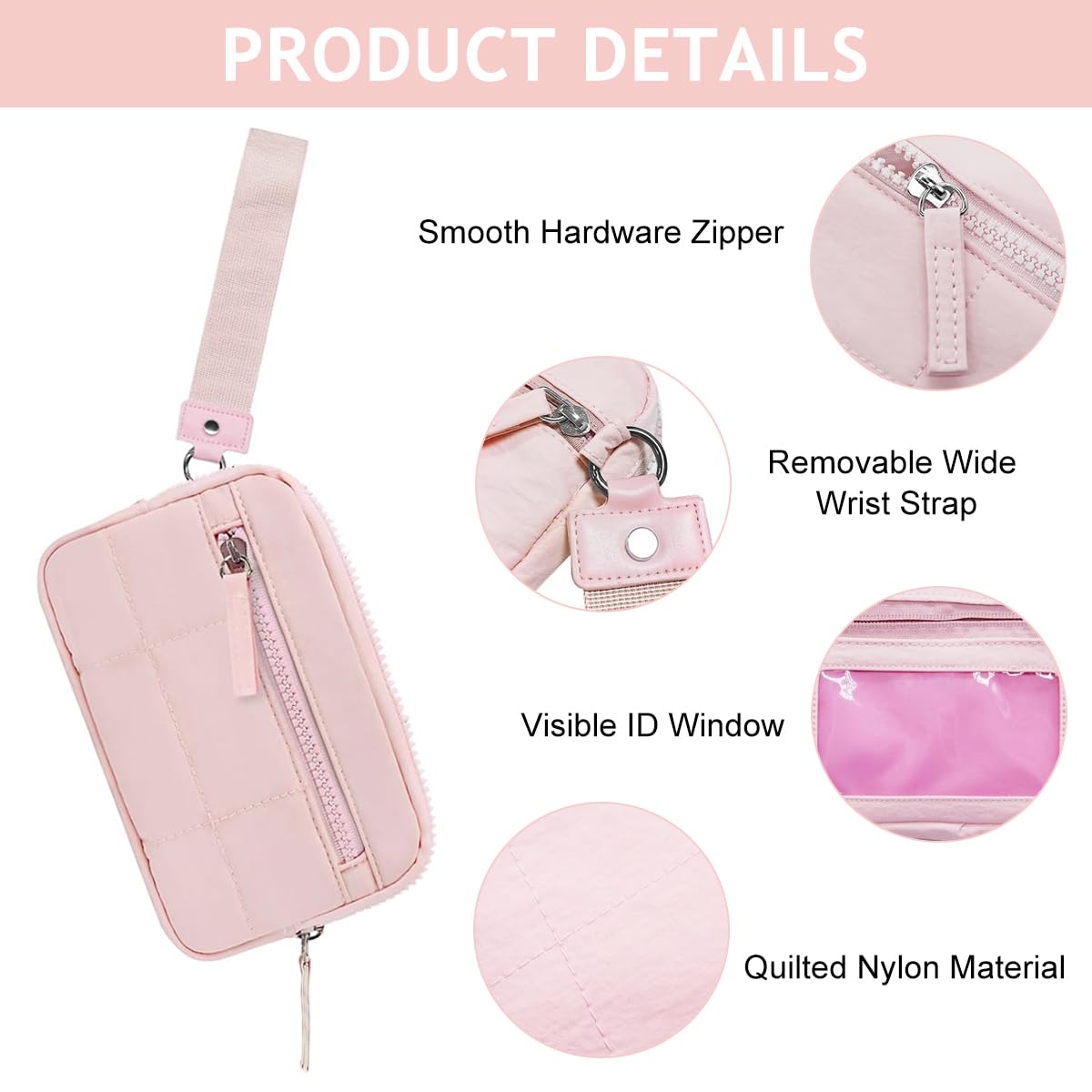 PALAY Wristlet Wallet for Travel with 3 Zipper Compartments and Pink Quilted Nylon Design