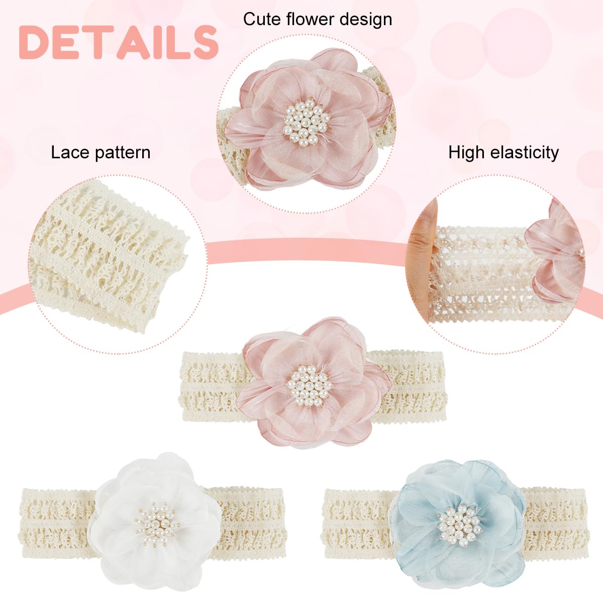 SNOWIE SOFT Hair Bands for Baby Girls with 3 Lace Flower Colors | Soft Stretchy Headbands 0–24 Months