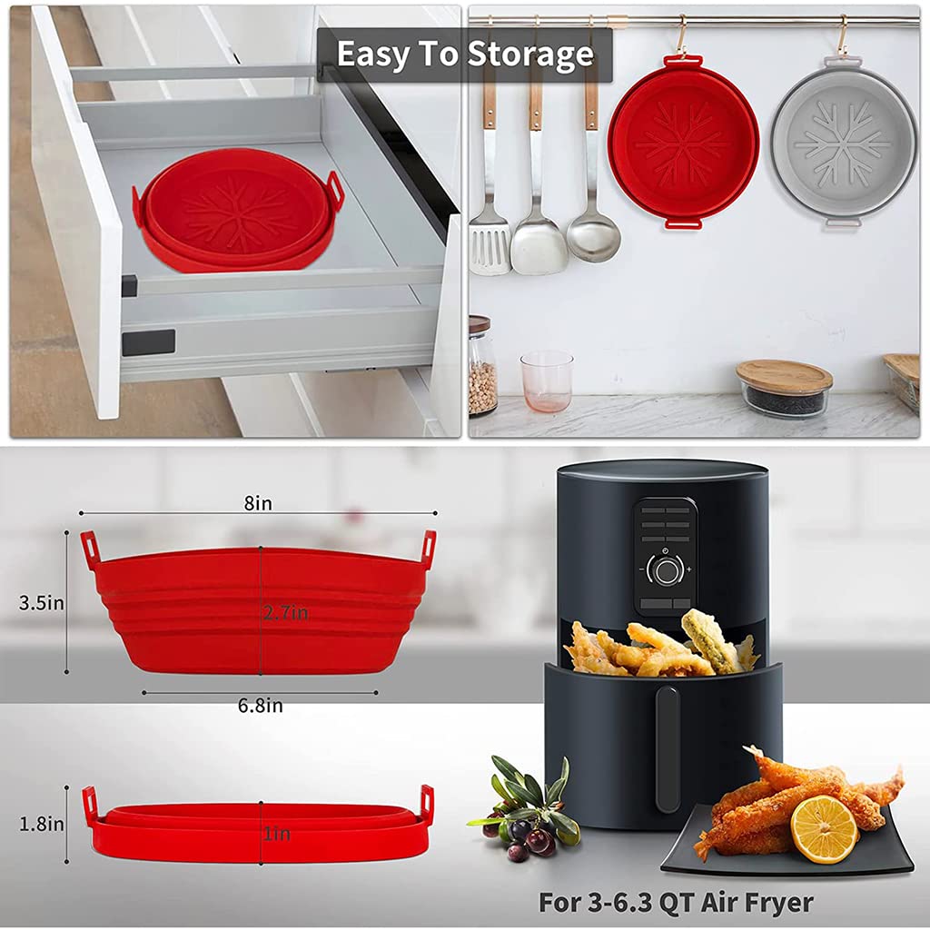 HASTHIP Air Fryer Silicone Baking Tray, 1 Pcs 8.2 Inch Foldable Air Fryer Liner for 4-7QT, Reusable Air Fryer Silicone Pot with Anti-scalding Handles, Food Safe Air Fryers Oven Accessories (Red)