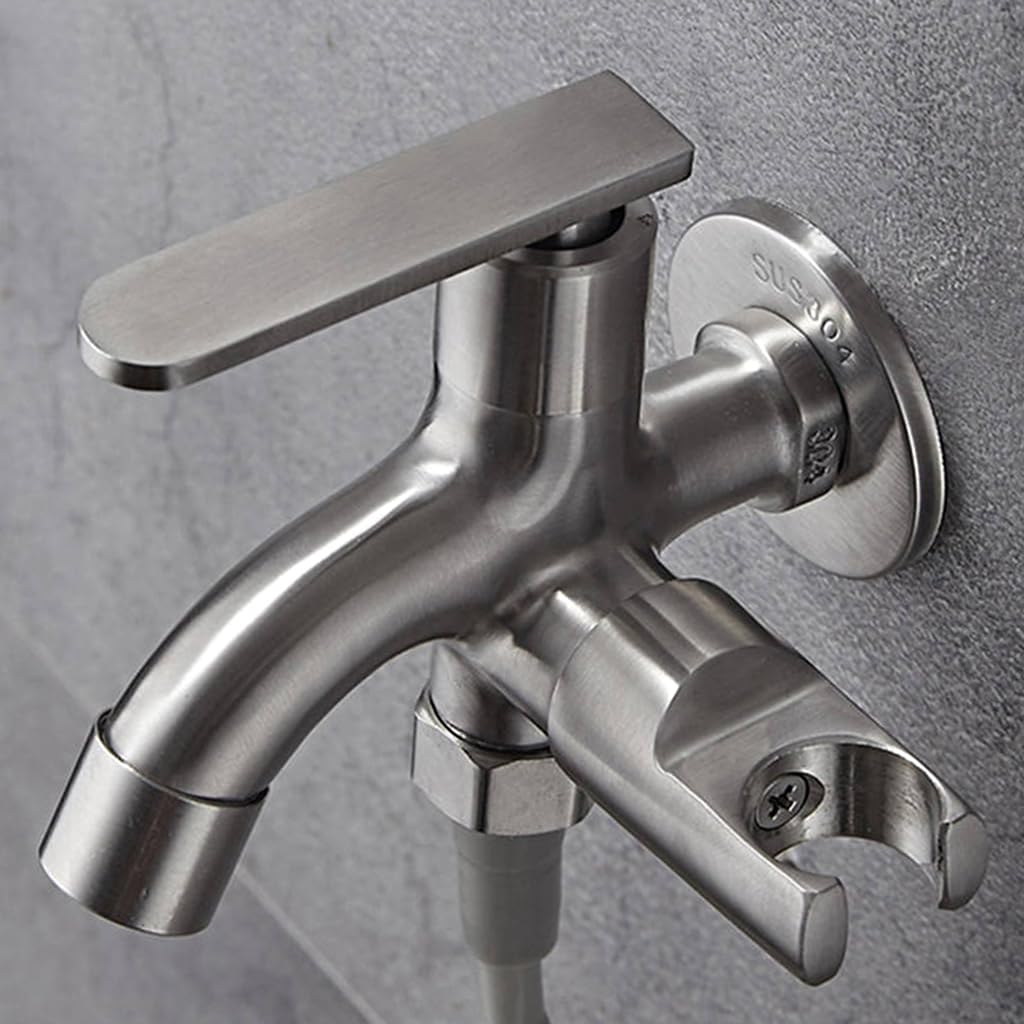 HASTHIP Washing Machine Tap for Laundry and Garden Use with Dual Outlet Bibcock | Stainless Steel Sprayer Holder Design