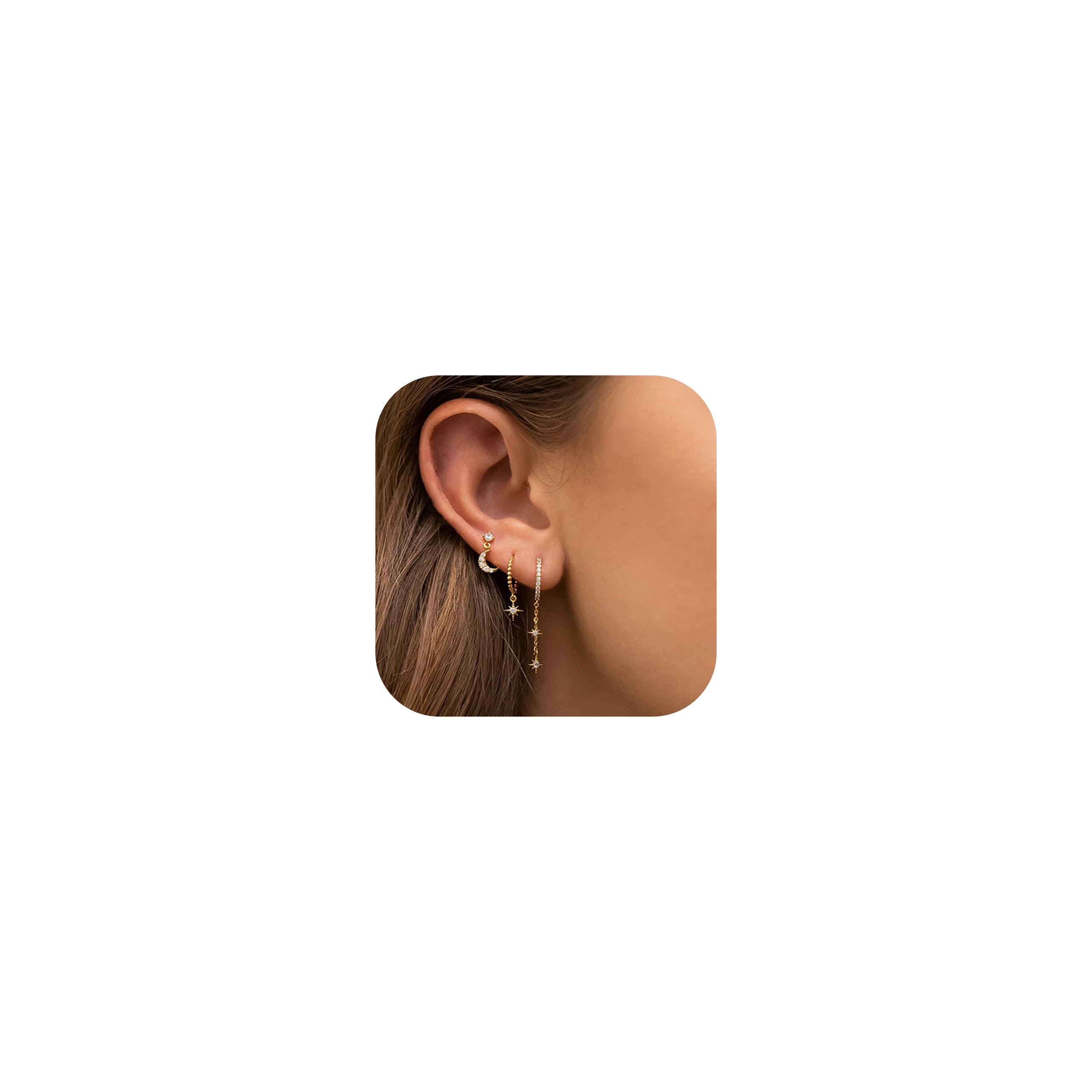 SANNIDHI® 3Pairs 14K Gold Stud Hoop Earrings Set for Women Butterfly Moon Star Flower Evil Eye CZ Dainty Huggie Hoop Cartilage Earring