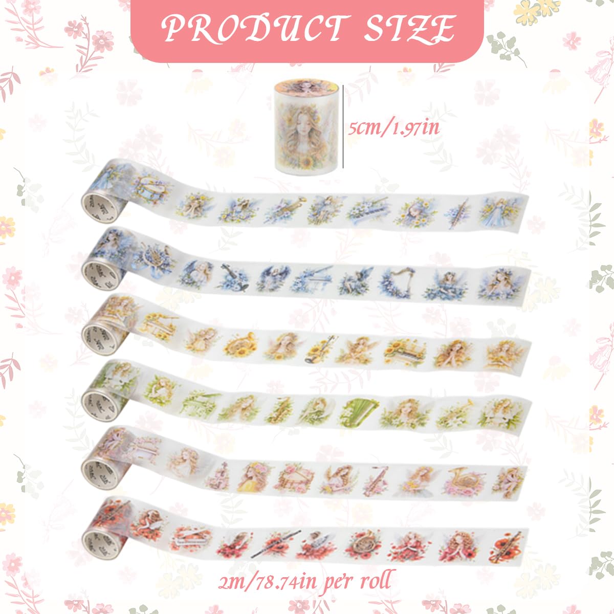 OFIFO Scrapbook Decorative Stickers Gift Set for Journals with 6 Rolls 50mm x 2m PET | Fairy and Angel Themed Decals