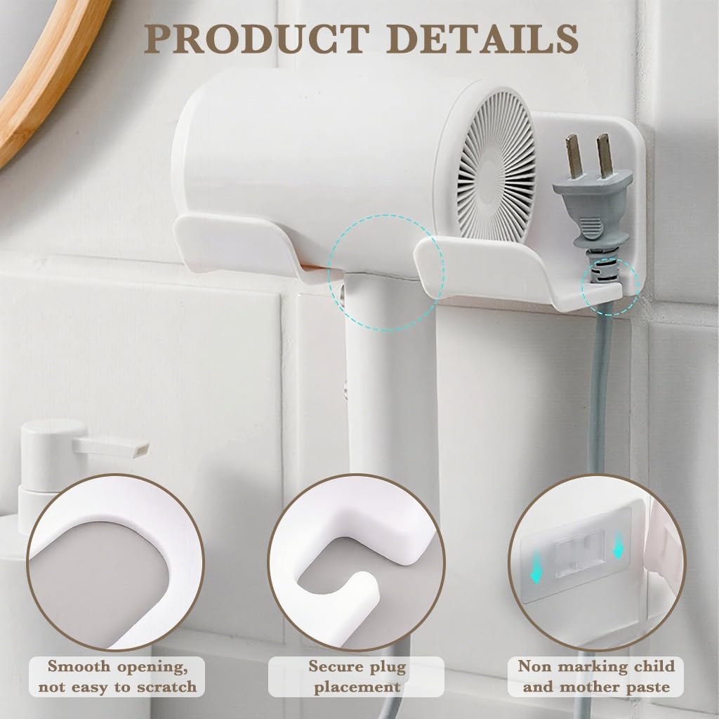 HASTHIP Hair Dryer Stand for Bathroom with Plug Storage Slot featuring Self Adhesive Mount | Set of 2 Wall Organizer Racks