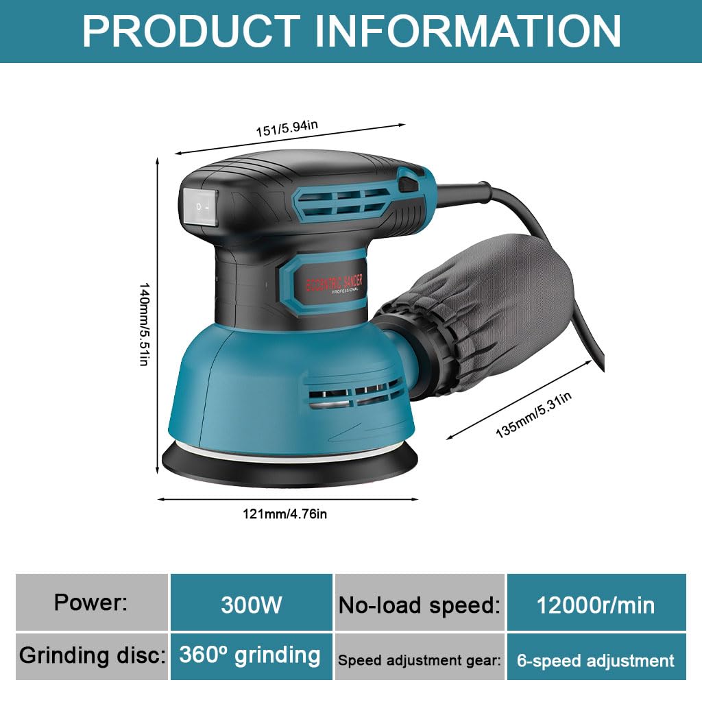 Serplex Electric Sander for Wood Metal and Plastic with 300W Motor and Dust Collector | 5000-12000RPM Adjustable Speed