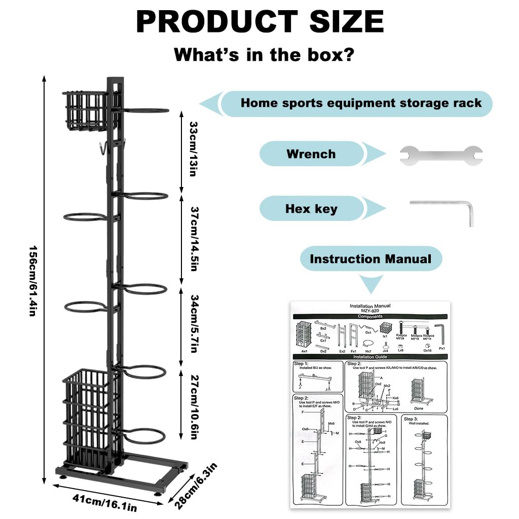 Proberos Ball Stand Organizer for Multi Sport Storage with 7 Brackets and Basket featuring Suction Cup Base | 1.2mm Carbon Steel Frame