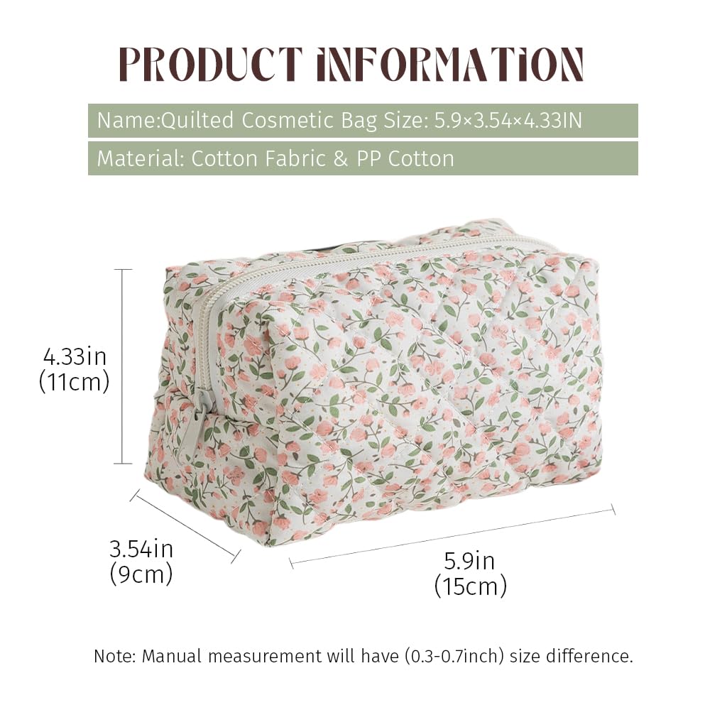 ZIBUYU Quilted Floral Cosmetic Pouch for Travel and Daily Use with Secure Zipper | Cotton Organizer Bag for Women