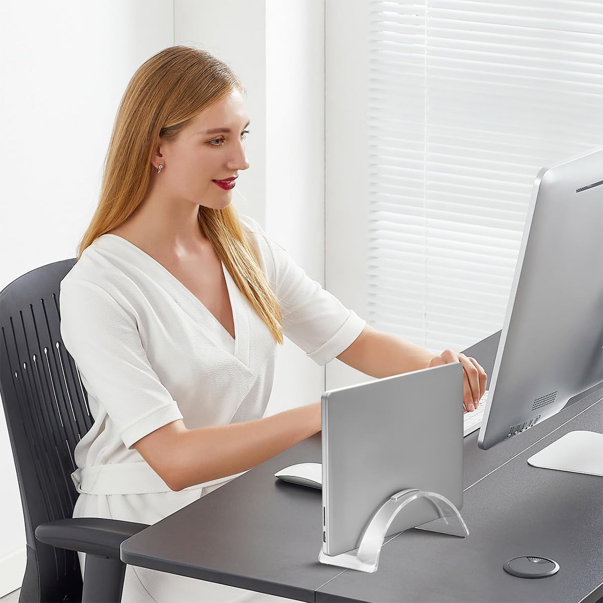 Zeitel Vertical Laptop Stand for Desk with Dual Silicone Grips and Clear Acrylic Build for 16 Inch Devices