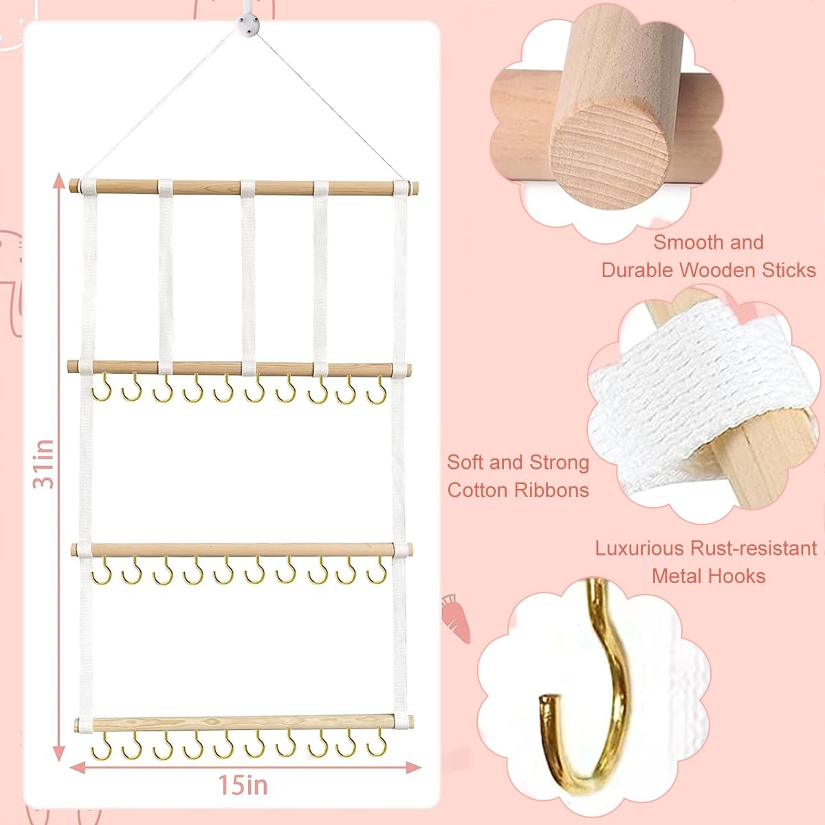 HASTHIP Metal Wall Hanging Headband Holder for 30 Headbands and 40 Clips | 3 Layer Organizer with Hooks and Cloth Straps for Girls Room Decor