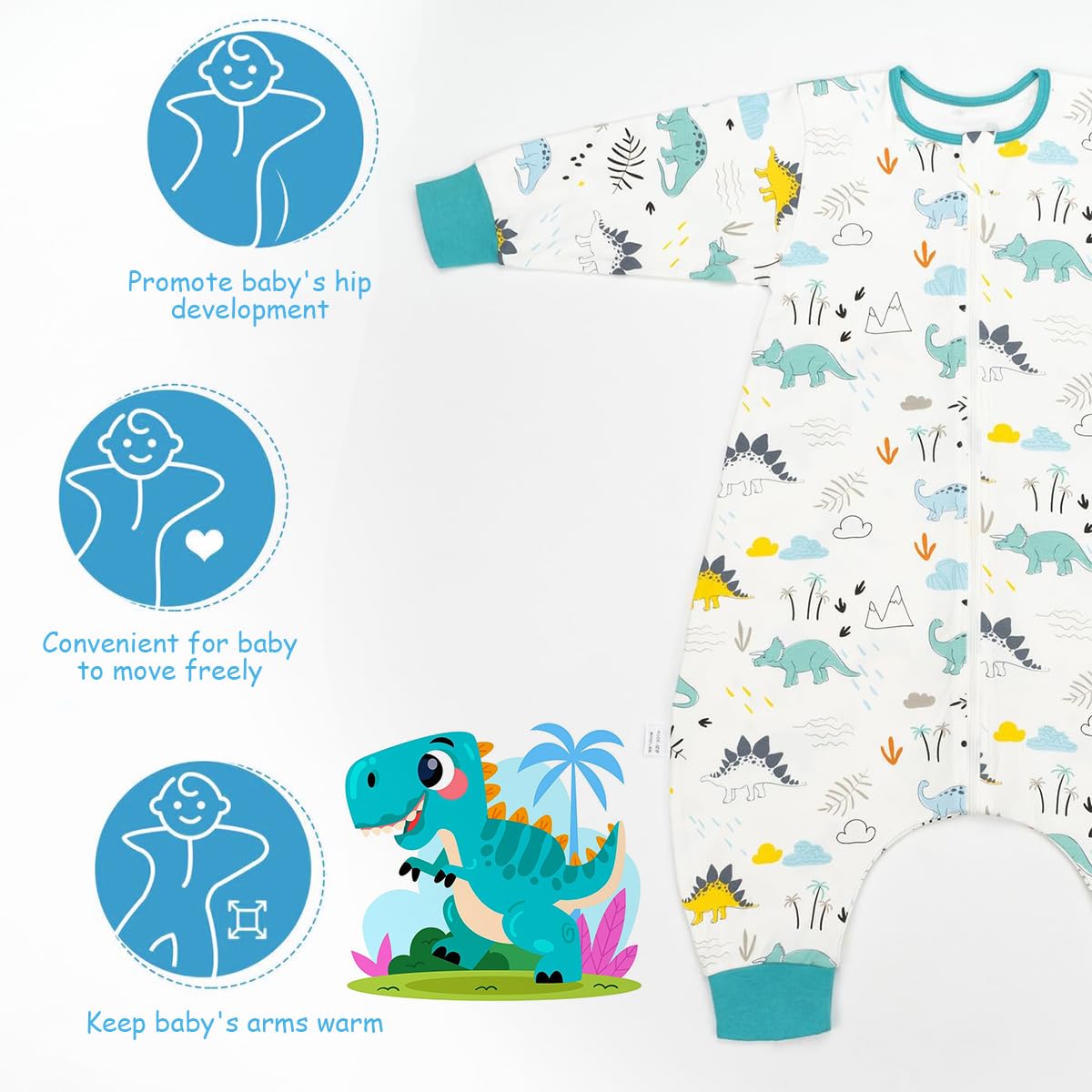 SNOWIE SOFT Baby Sleepsuits Sleeping Bag with Dual Head Zipper 0.5 TOG Cotton for 6–18 Months | Dinosaur Pajamas