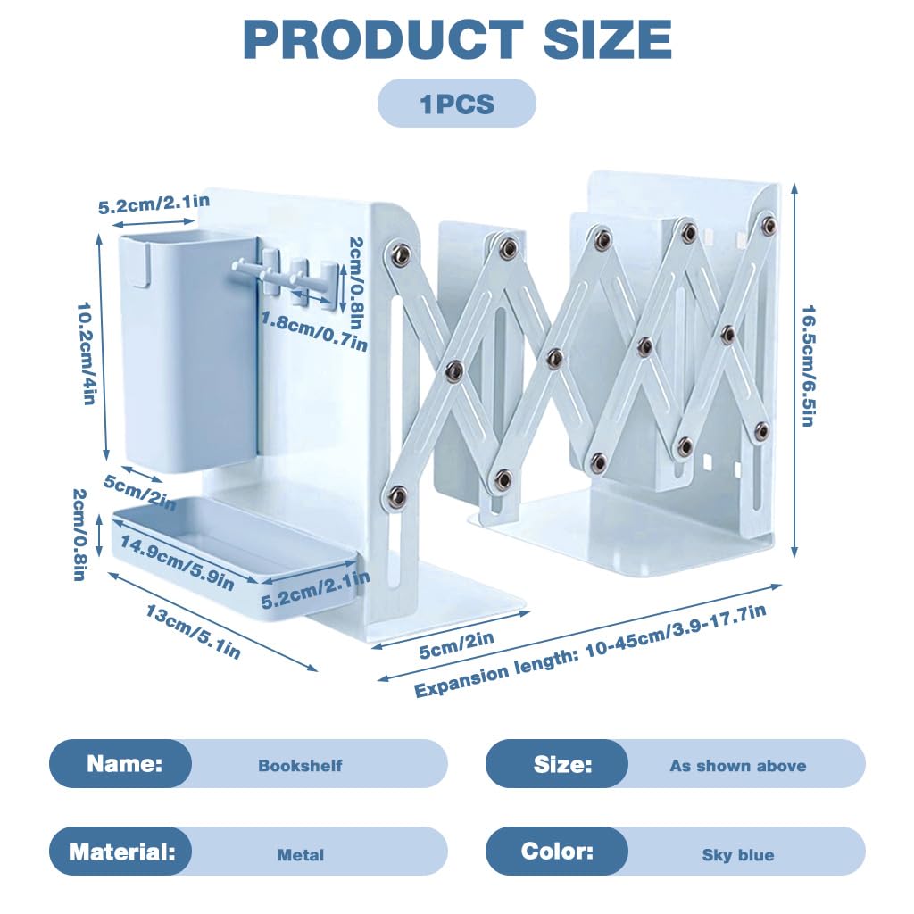 OFIFO Telescopic Bookshelf Desk Organizer with 17.7 in Adjustable Metal Frame & Utility Hooks