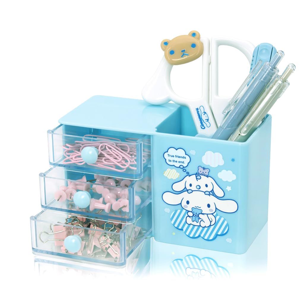 OFIFO Kawaii Cinnamoroll Desk Organizer Pen Holder with 3 Multi-Drawer Storage for Office Stationeries, Scrapbooking Supplies, Clips, Pens, Tapes, Accessories (Blue)