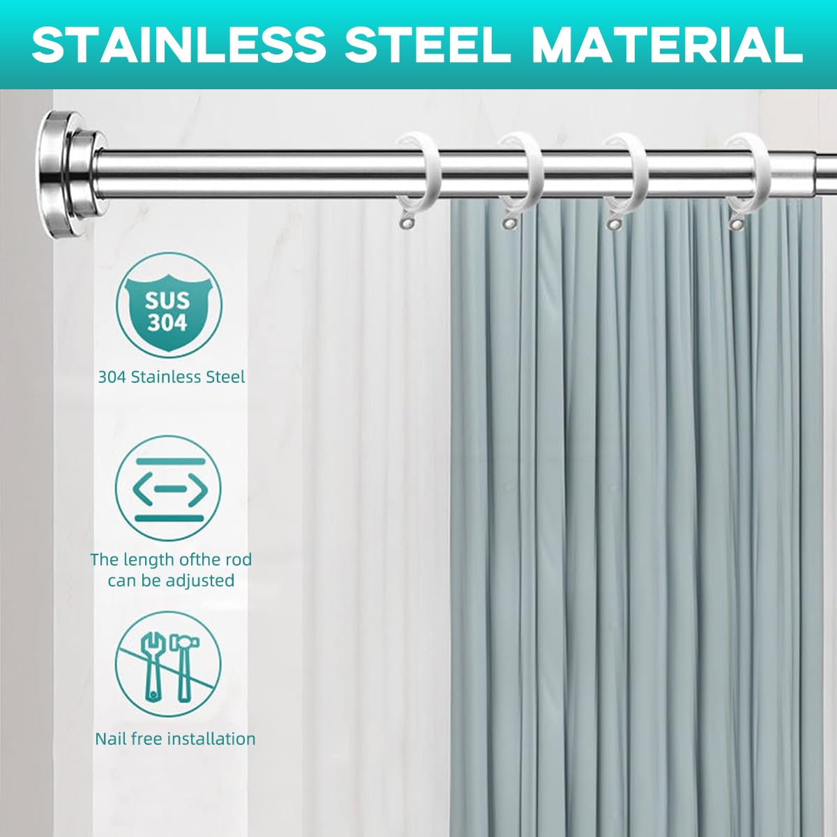 Supvox Retractable Curtain Rod 125–220 cm for Shower or Door with No Drill Setup | Modern Home Decor