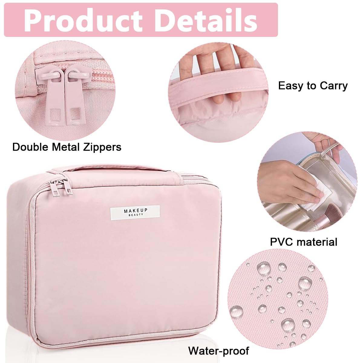 MAYCREATE Cosmetic Organizer Bag for Travel with 23x17x1.5cm Compartments | Pink Nylon Pouch