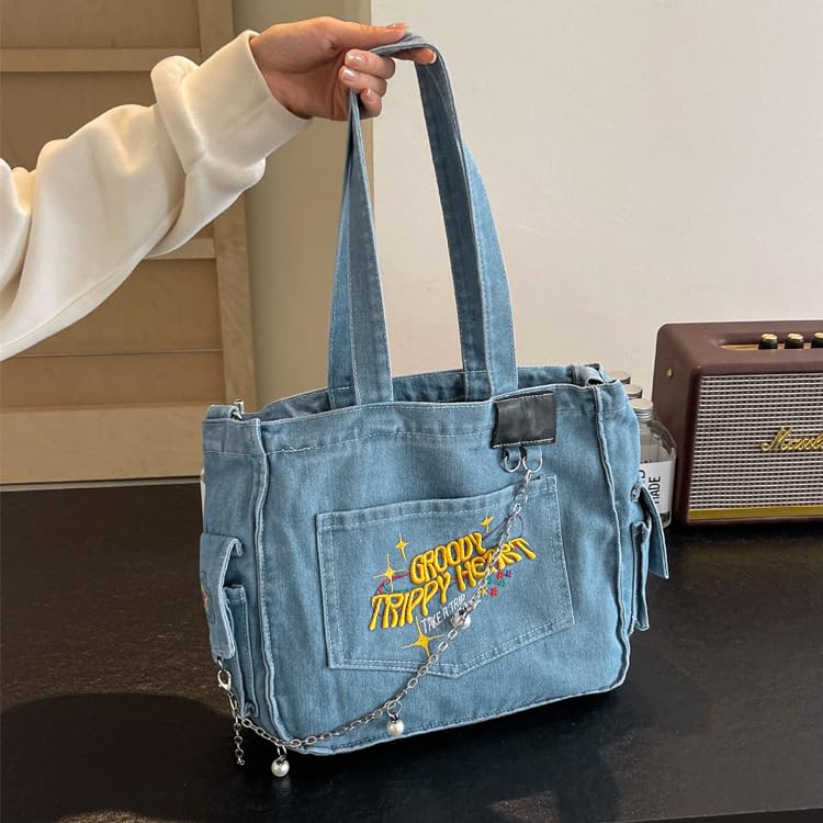 PALAY Cloth Bag for Daily Use with 37x27cm Capacity and Letter Embroidery Denim | Girls Women