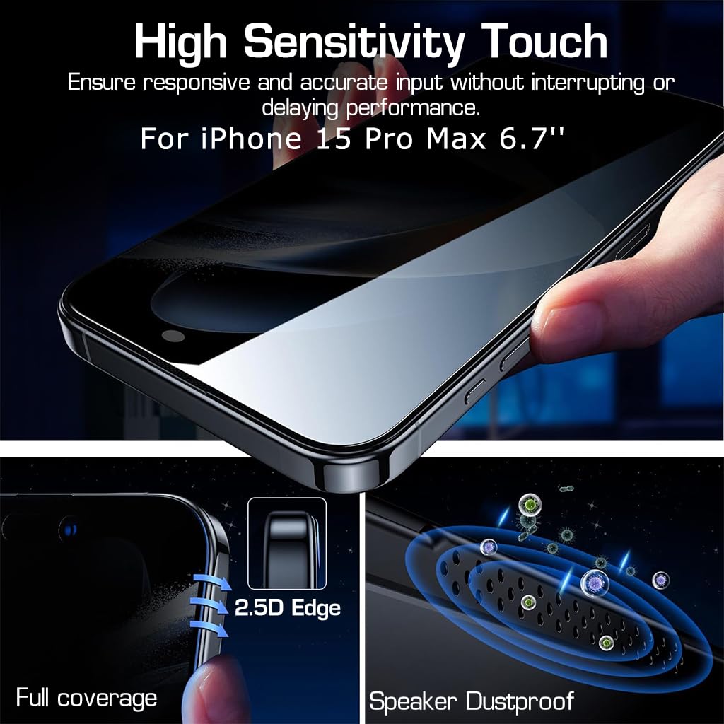 ZEITEL Privacy Tempered Glass Screen Guards for iPhone 15 Pro Max with 9H Protection | 2 Pack and Installation Frame