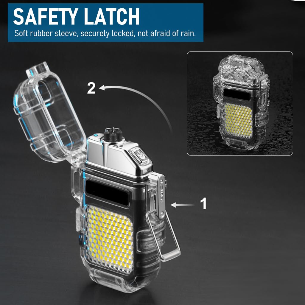 HASTHIP Waterproof Dual Arc Plasma Rechargeable Lighter with COB Lamp & Flashlight | USB Type C Windproof Lighter for Camping and Outdoor Use