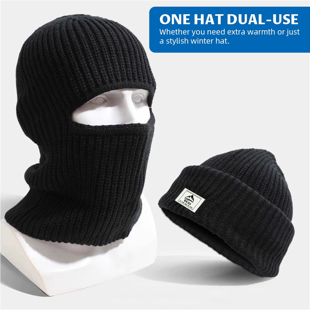 PROBEROS Winter Knitted Balaclava Beanie Hat for Men and Women with Fold Up Brim | Soft Stretchy Warm Ribbed Design