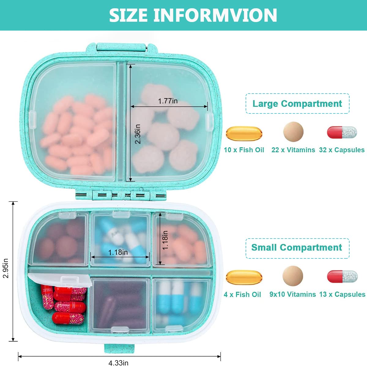 HANNEA® Pill Case with 8 Compartments, Travel Pill Organizer PP Daily Pill Case Portable Vitamin Organizer Pill Box for Vitamins, Cod Liver Oil, Supplements, Medication (Blue)