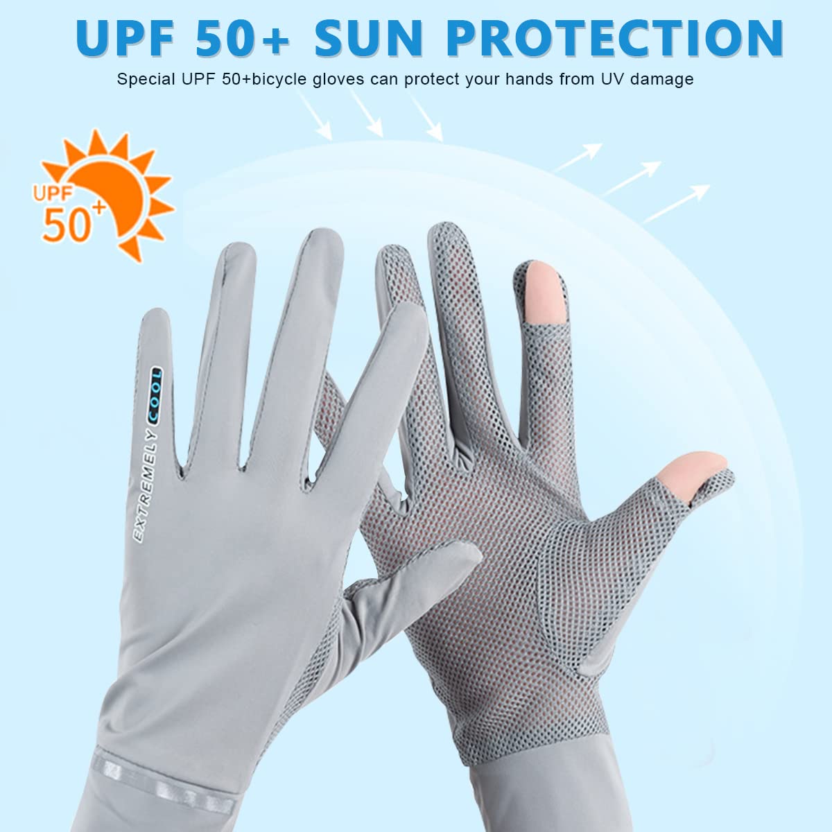 HASTHIP® Sun Protection Gloves for Women, Non Slip Hand Gloves for Bike, Grey Touch Screen Gloves UPF 50+ Breathable Summer Gloves for Cycling Riding Fishing