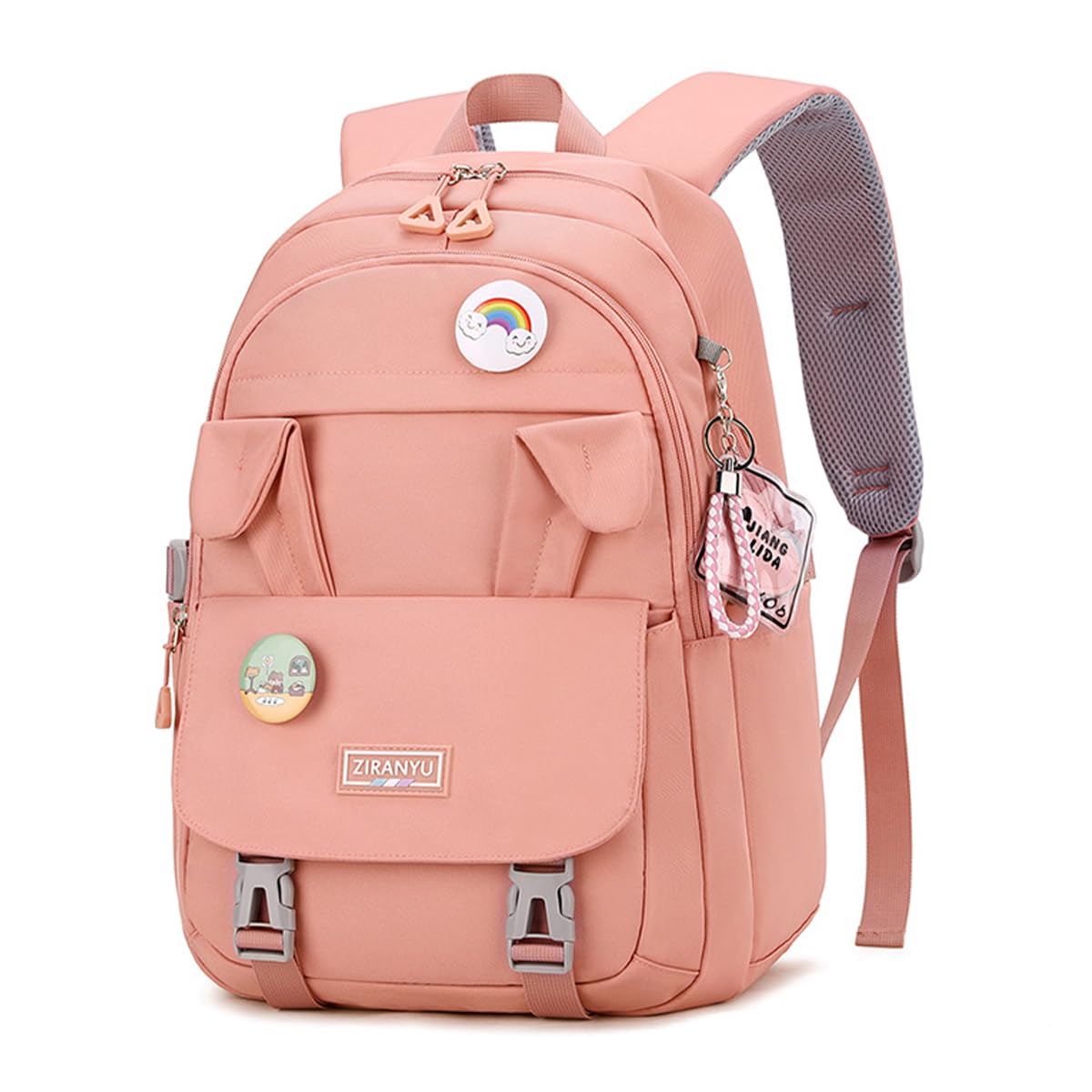 PALAY® School Backpack for Girls Kawaii Bunny Ear Pink 15.6 Inches Laptop Backpack Fashion Nylon Casual Travel Backpack Multi Compartment Book Bag Chirstmas Birthday Gift for Girls, 32x20x43cm