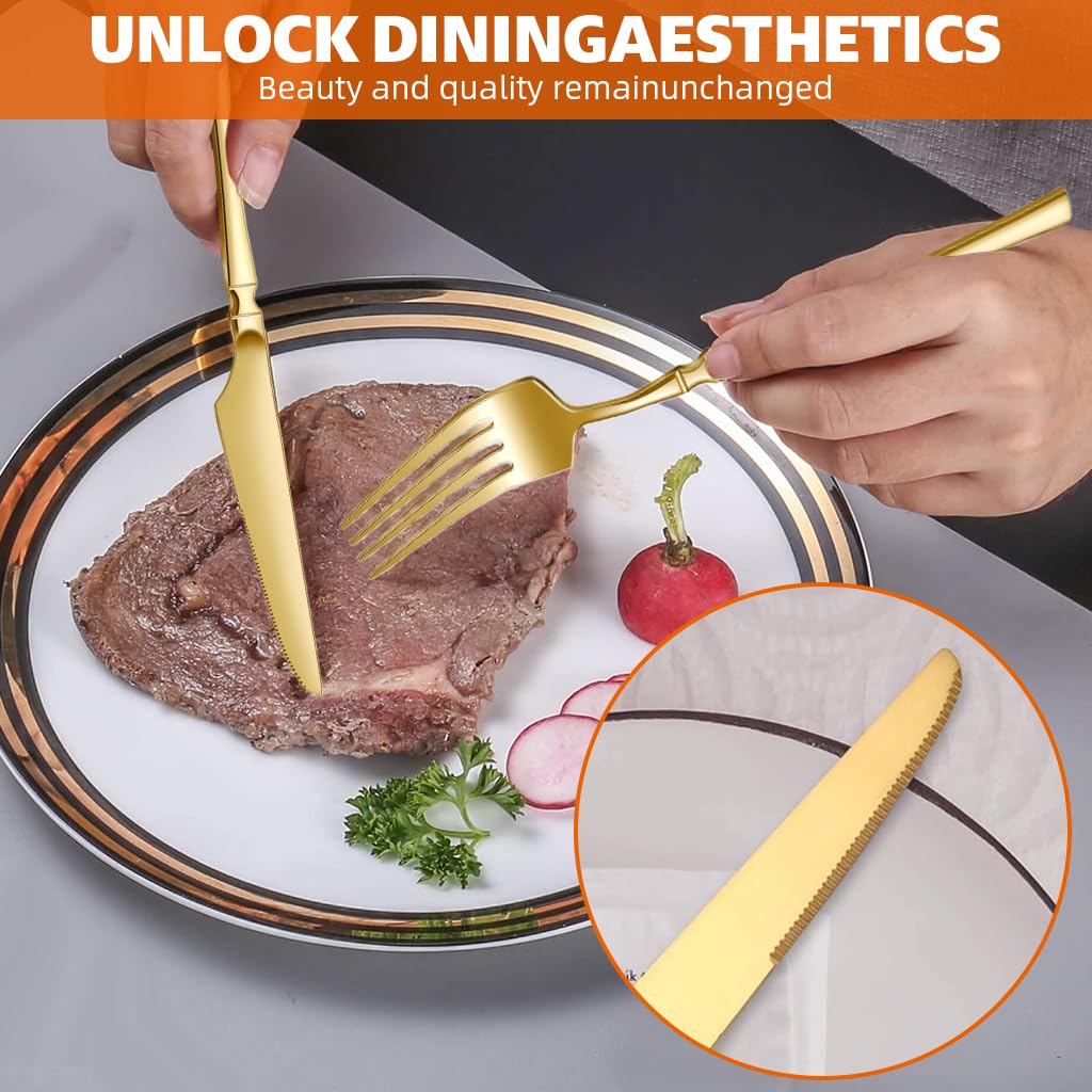 Supvox Cutlery Set for Dining Table with 24Pcs Stainless Steel & Golden Mirror Finish | Ergonomic Handle Gift Set