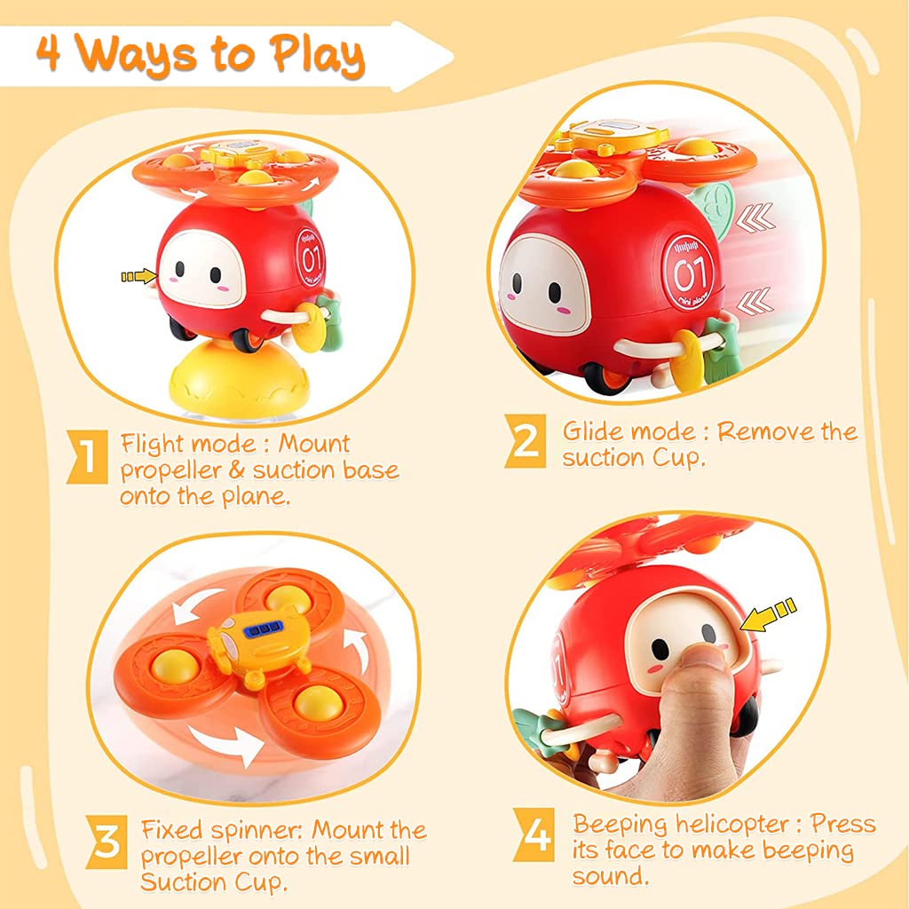 PATPAT Suction Toys for Baby, 3 in 1 Baby High Chair Toys with Detachable Suction Cup Toys Baby Rattle Sensory Car Toys for Early Development, Spinning Pop Toys Gifts for Newborn Kids - Red