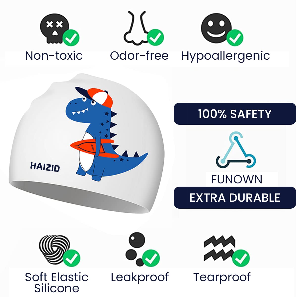 Proberos Silicone Swim Cap for Kids 2–8 featuring Cartoon Dinosaur Design and Leak Protection