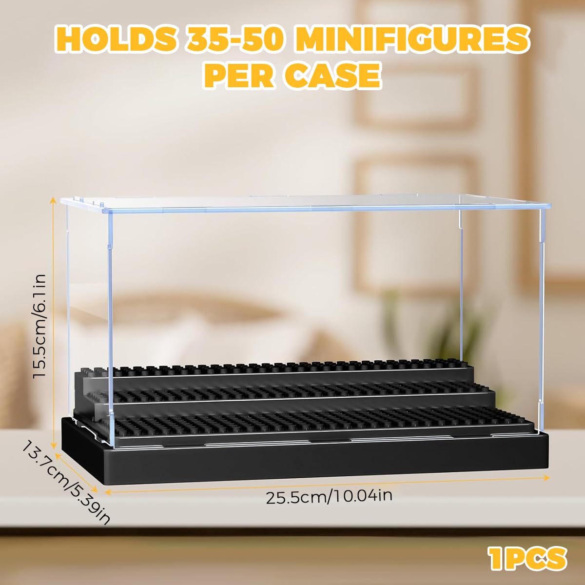 PATPAT Acrylic Display Box for 30–50 Minifigures featuring 3 Tier Stepped Studs Stand | 25.5×13.7×15.5 cm Transparent Dustproof Case