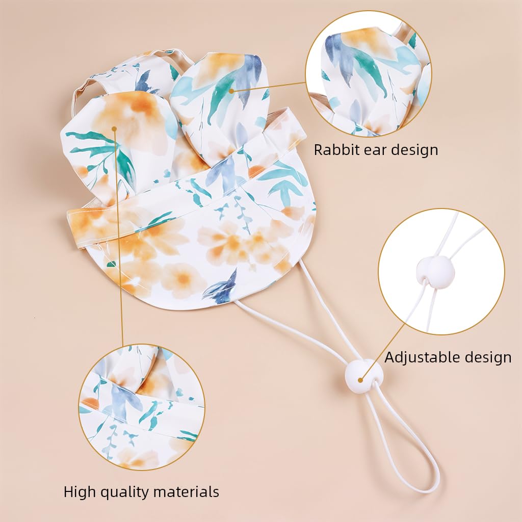 Qpets Small Dog Sun Visor Hat with Adjustable Chin Strap featuring Bunny Ears and Green Floral Polyester Design