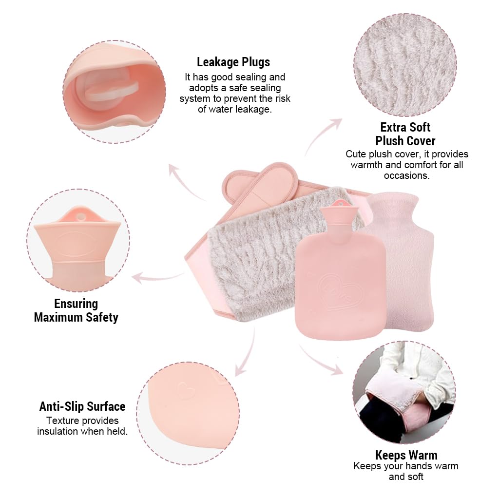 HANNEA Hot Water Bag for Period Pain with Waist Wrap Belt and 1200ml PVC Design | Plush Cover for Back and Cramp Relief