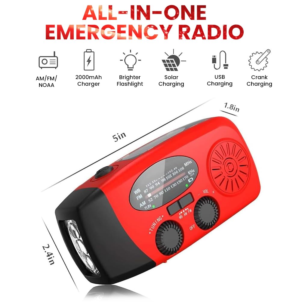 ZORBES Weather Radio for Emergency Preparedness with 2000mAh Power Bank | Hand Crank Solar and 3 LED Flashlight