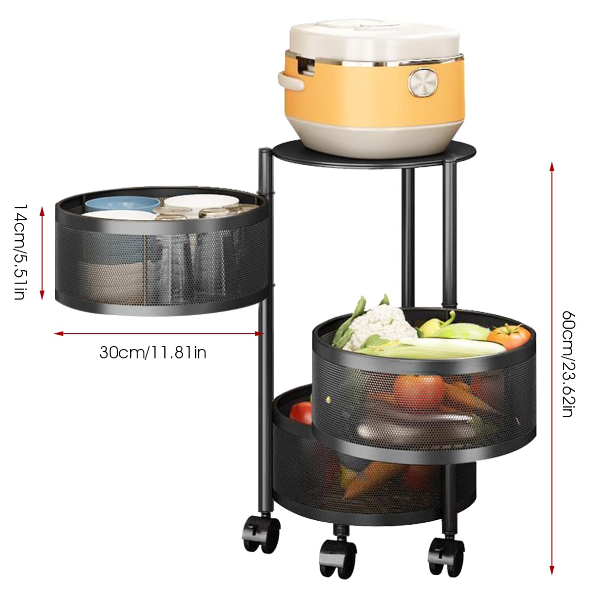 HASTHIP Kitchen Rotating Trolley for Storage with 3 Layer 30cm Mesh Baskets | 360° Wheels
