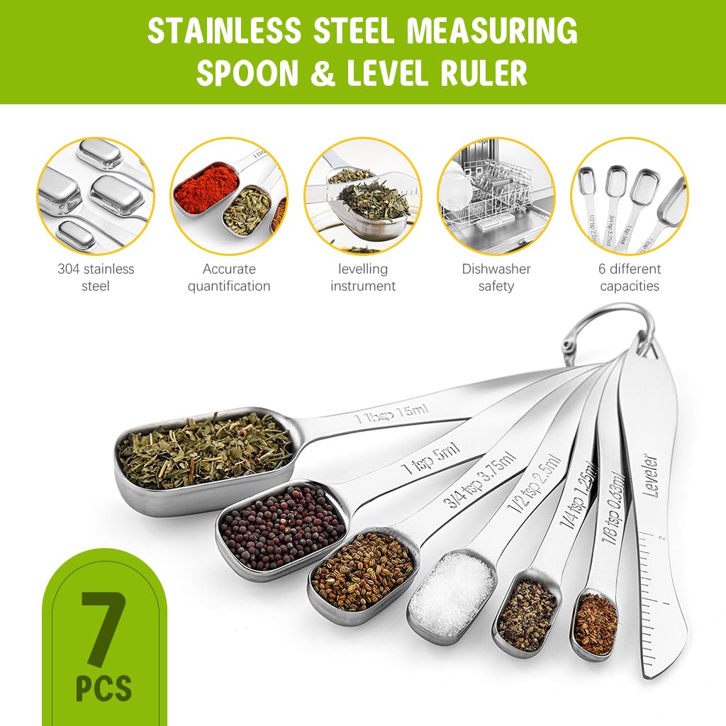 HASTHIP Measuring Spoon Set for Baking with Leveler and Stackable Ring | 7 Stainless Steel Spoons