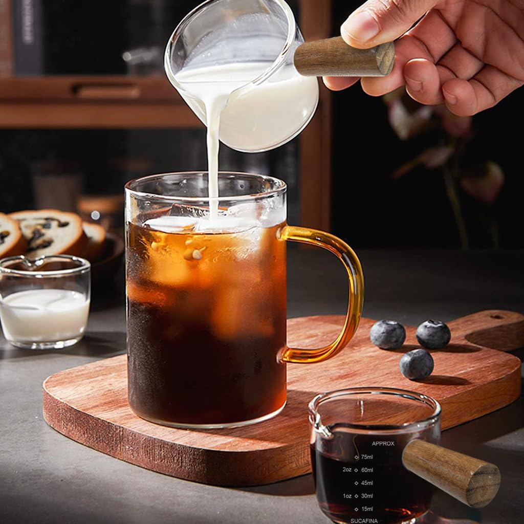 Supvox Espresso Shot Glass for Double Espresso 75ml with Wooden Handle and Heat Resistant Glass