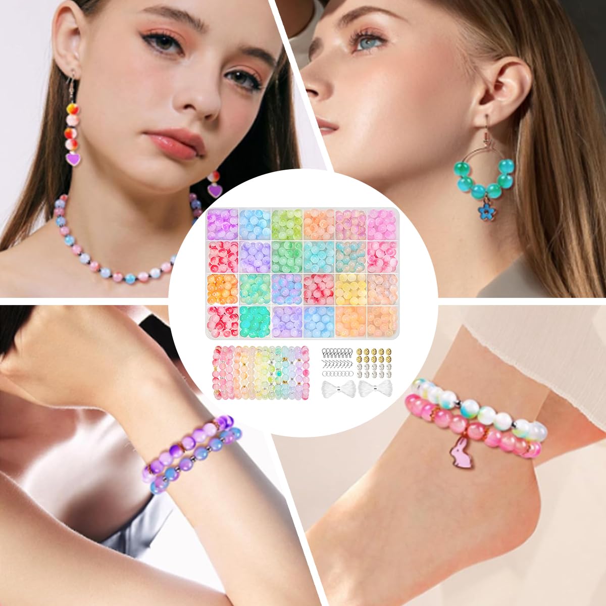 SANNIDHI DIY Beading Bracelet Making Kit with 24 Colors 8mm Glass Beads and Spacer Beads | Jewelry Craft Set for Bracelets Necklaces and Phone Chains