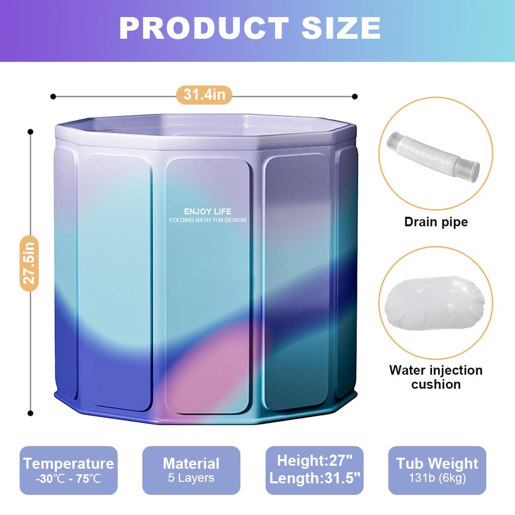 HANNEA Portable Bathtub for Adults with 31.5 in Diameter & 3 Hour Thermal Insulation | Foldable Home and Outdoor Ice Bath Tub