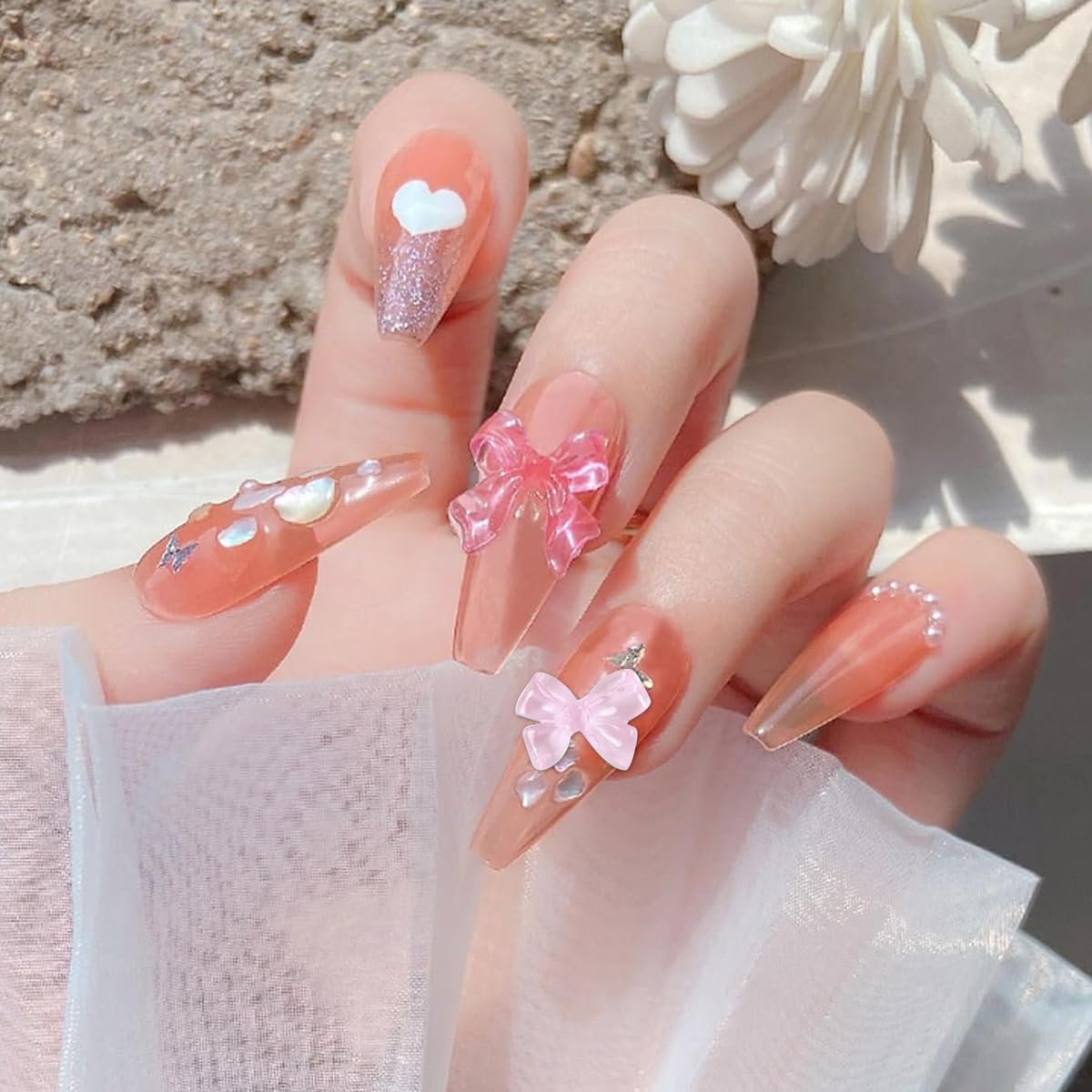 MAYCREATE Nail Decals for DIY Nail Art with 50pcs 3D Flat Back Resin Pink Bow Charms | Cute Decorative Design