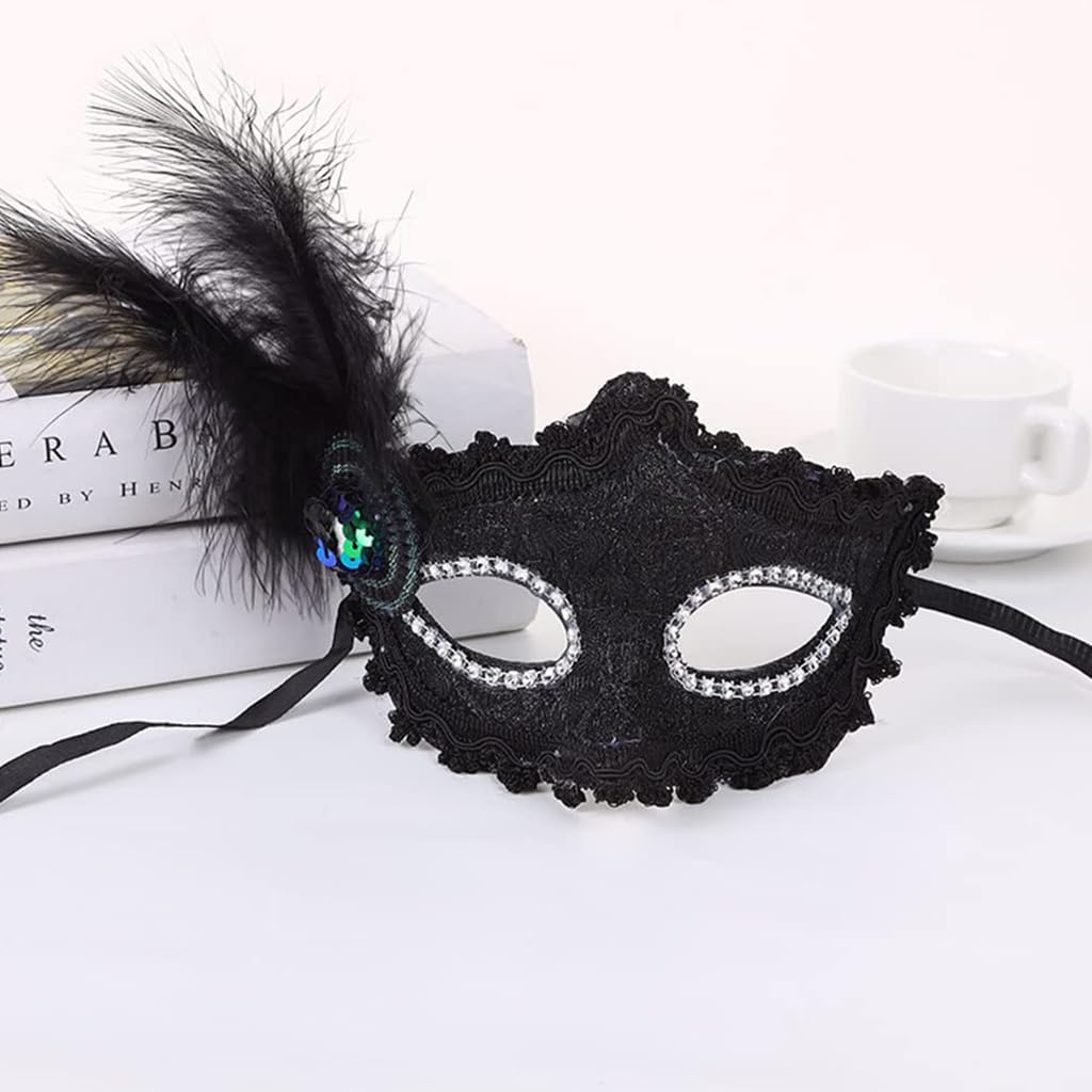 PATPAT Masquerade Mask for Women featuring Feather Lace Design and Adjustable Tie‑Back | 2 Pcs Black and White Set
