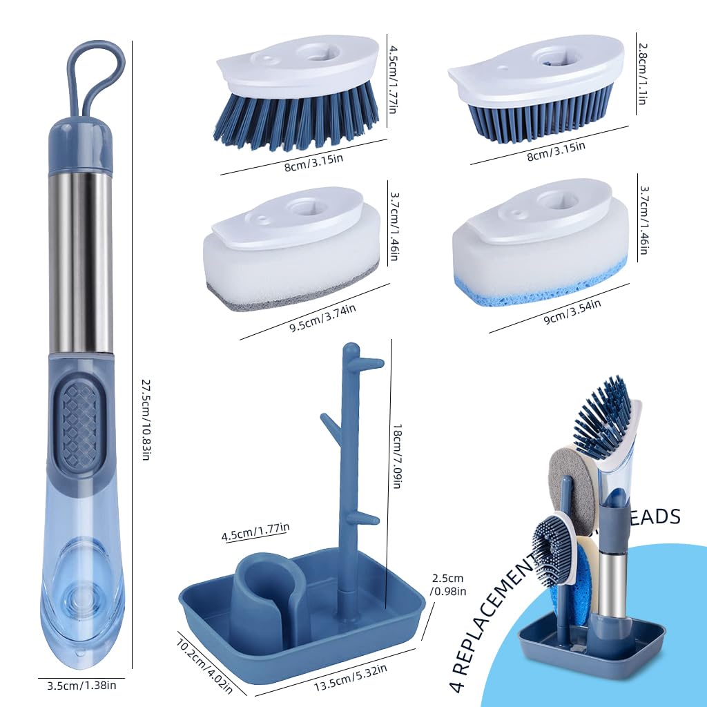 Serplex Dish Washing Scrubbers Set for Kitchen Cleaning with Soap Dispensing Handle and Tray Holder