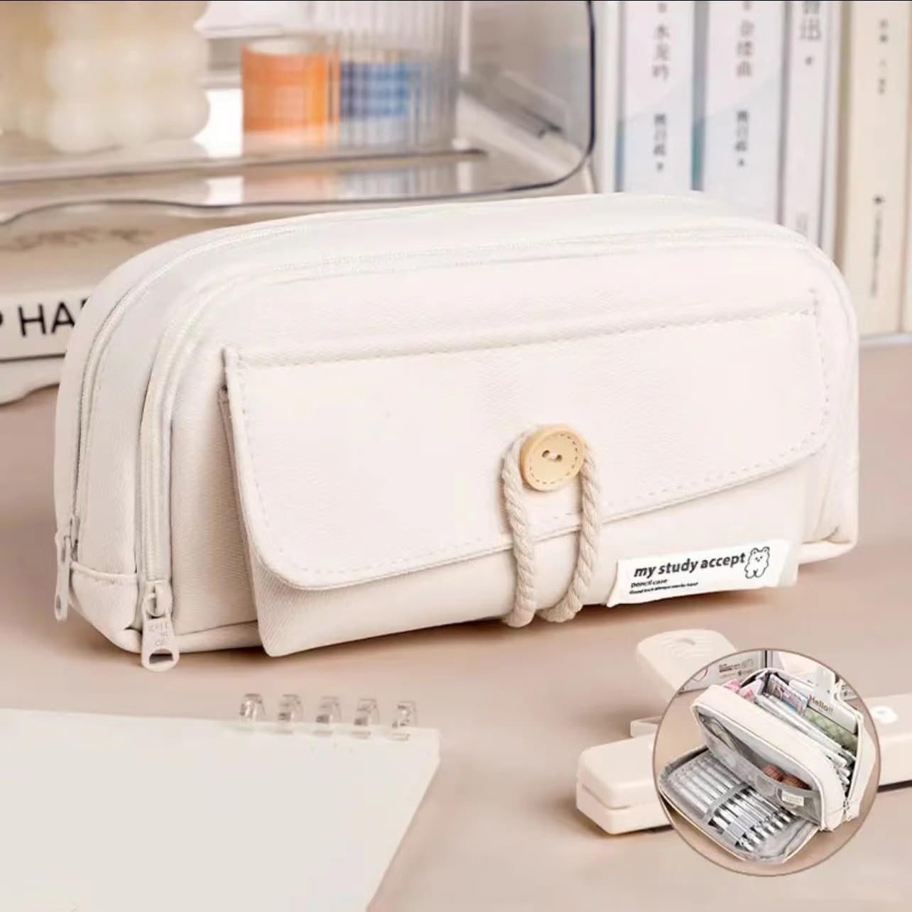 ZIBUYU® Student Pencil Pouch Canvas Pen Storage Pouch Double Layer Zip-up Pencil Pouch Office Stationery Organizer Pouch Fashion Girls Boys Pencil Storage Pouch, 21x11x7.5cm, Beige