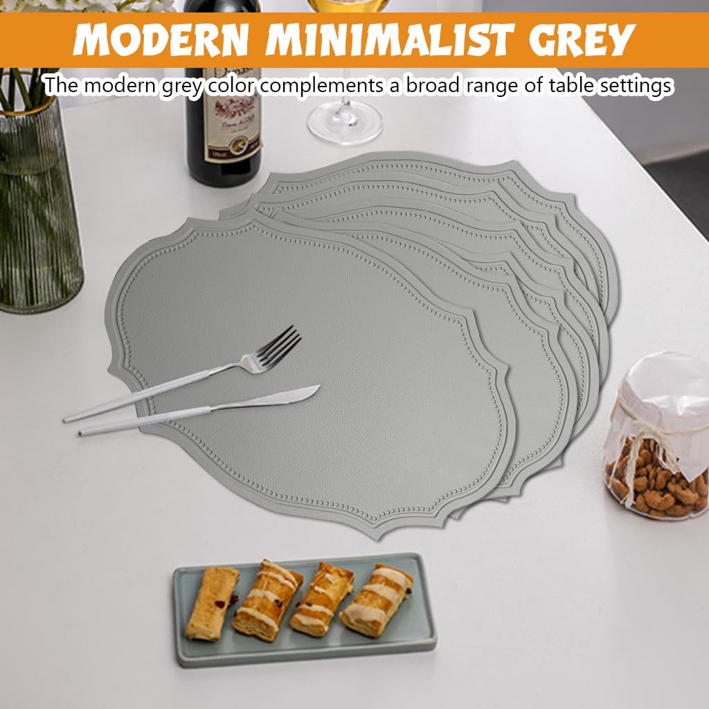 Supvox Faux Leather Placemats Set of 6 for Dining and Kitchen with Anti Slip 16.9×11.8 in Grey
