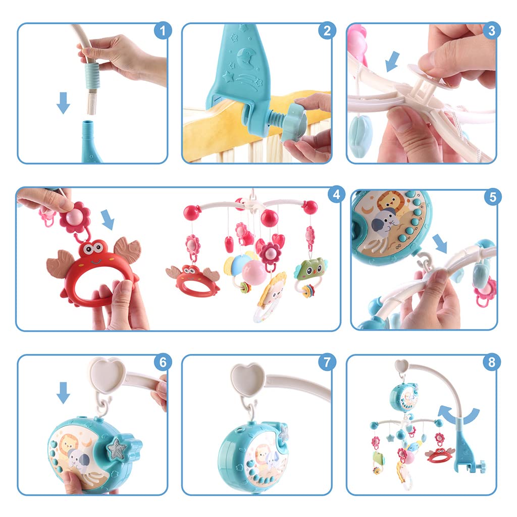 SNOWIE SOFT Crib Hanging Toy for Babies with Electric Rotation and 4 Rattles | Blue 54cm