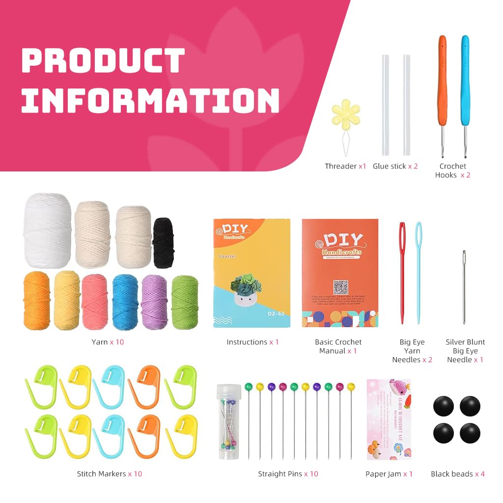 PATPAT DIY Crochet Material Kit for 6 Colorful Coasters with 2.5mm & 4.0mm Hooks | Beginner Gift Set