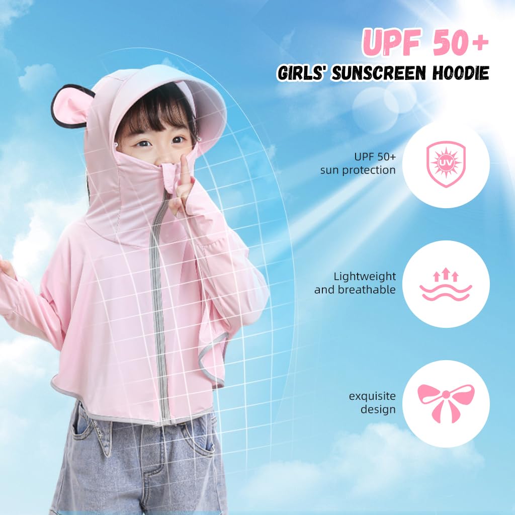 PALAY® Sunscreen Jacket for Girls,  UPF 50+ Sun Protection Hoodie Jacket for Girl Kid Long Sleeve Wide Brim Hat Summer Coat with Face Mask for Hiking Outdoor 110-130cm Girl